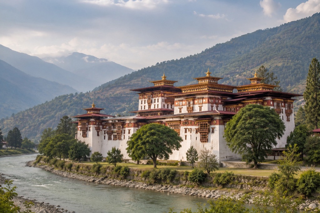 A dzong in a Bhutanese valley.