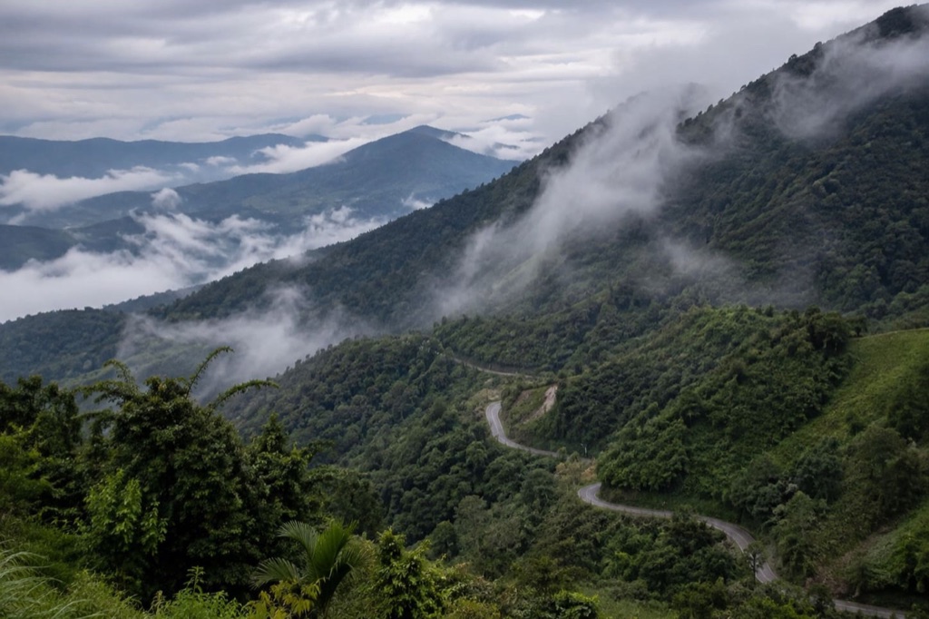 A forested ridge in northern Thailand under low cloud.