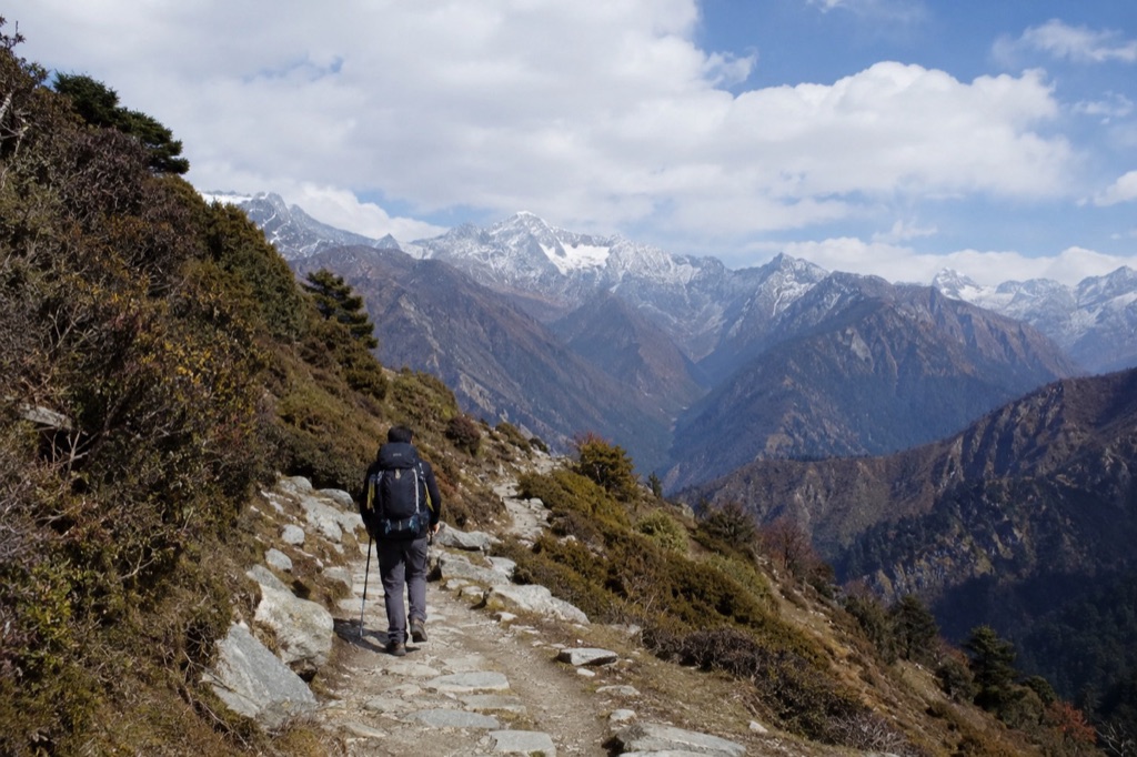 A trail through the Garhwal Himalaya, with a walker on it.