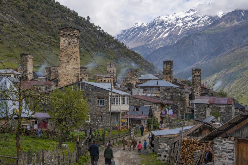 A hillside village in the Georgian Caucasus.