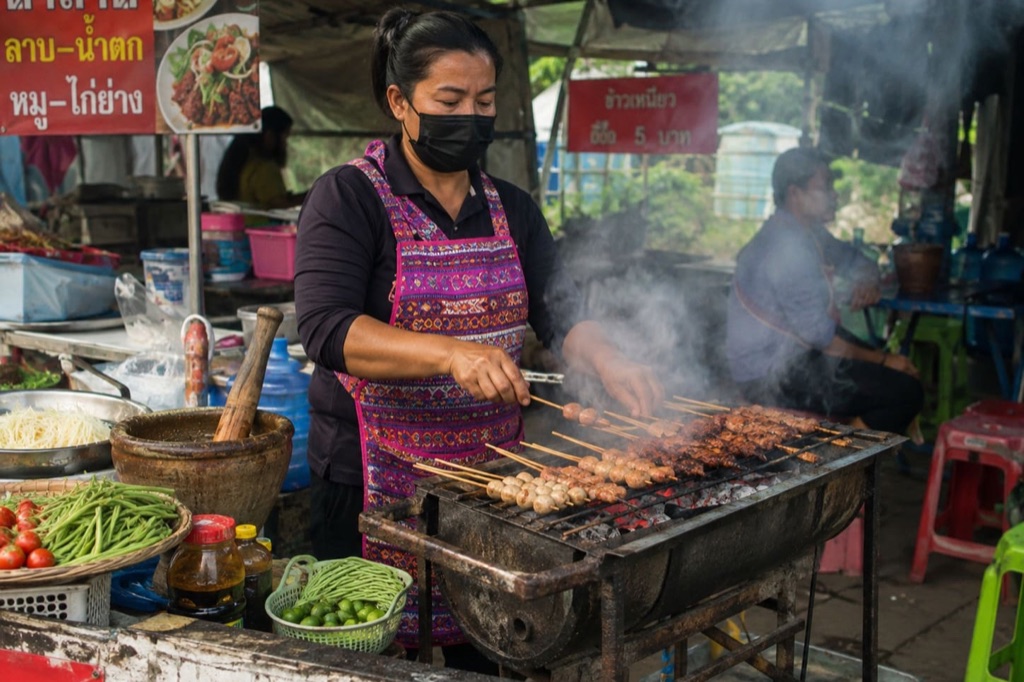 A roadside grill at a market in northeastern Thailand.
