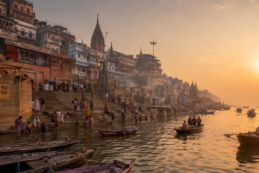 The ghats at Varanasi in the early morning, boats on the river.